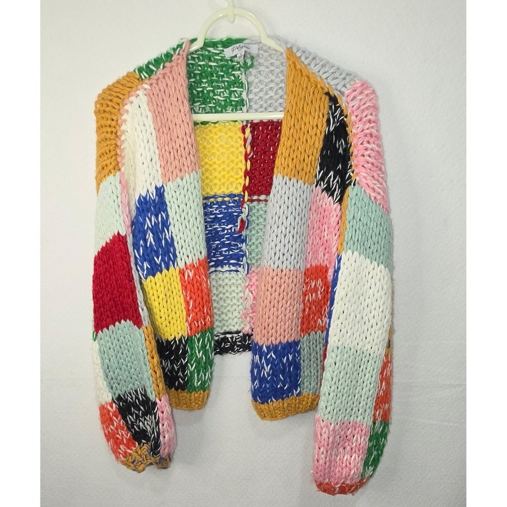 Polagram Multi Color Patchwork Chunky Knit Cardigan Sweater Small